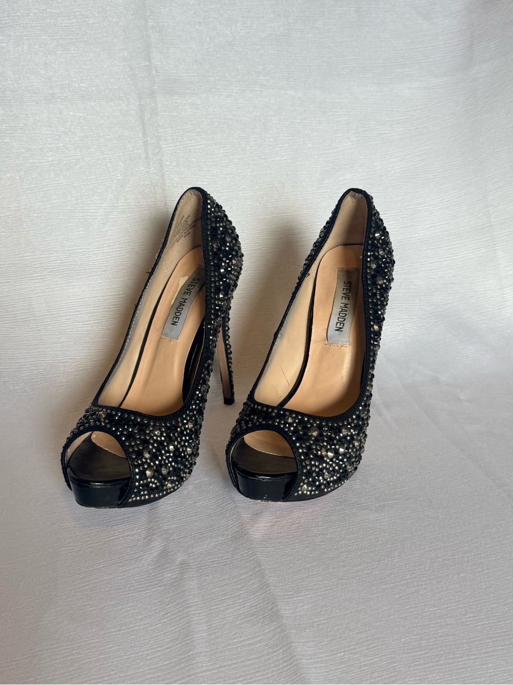 Steve Madden Chlowe Black & Silver Embellished Peep-Toe Stilettos Size 8